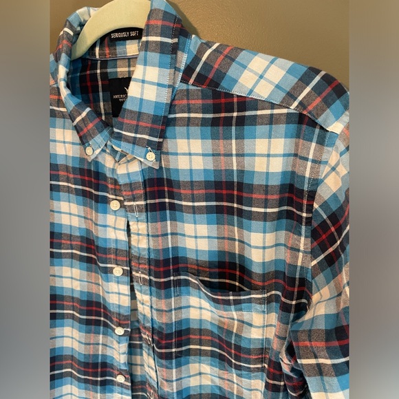 American Eagle men’s plaid medium tall red blue white long sleeve shirt size MT - Picture 2 of 5